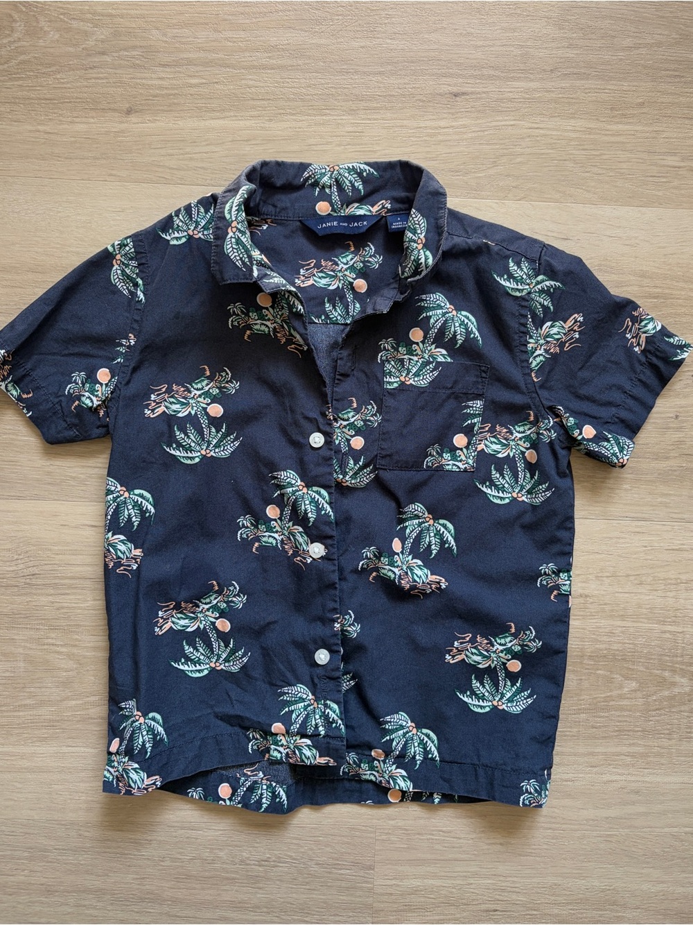 Janie & Jack Boys Navy Tropical Palm Button Down Shirt 3T